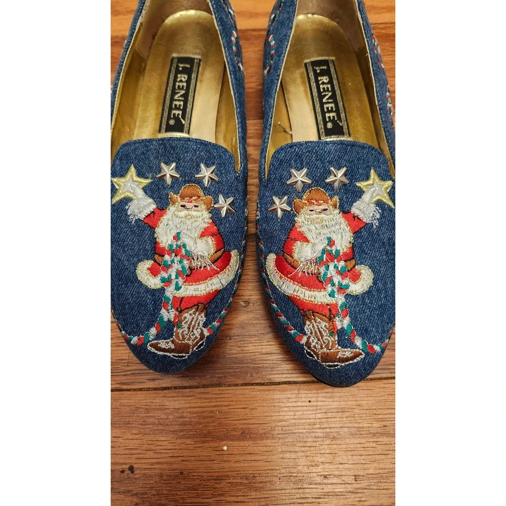 J Renee Santa Holiday Ballet Flats Women's 7 M‎ Blue Embroidered Slip On Vintage